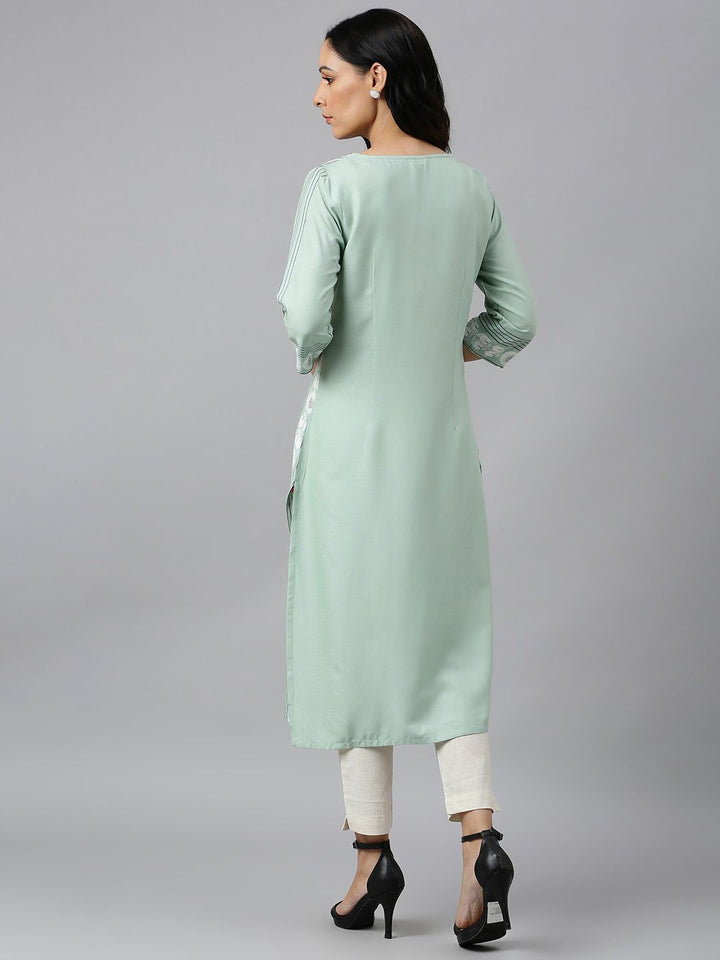 W Women Green Striped Thread Work Floral Viscose Rayon Kurta