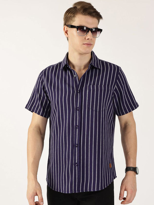 Thomas Scott Men Classic Slim Fit Spread Collar Vertical Striped Cotton Casual Shirt