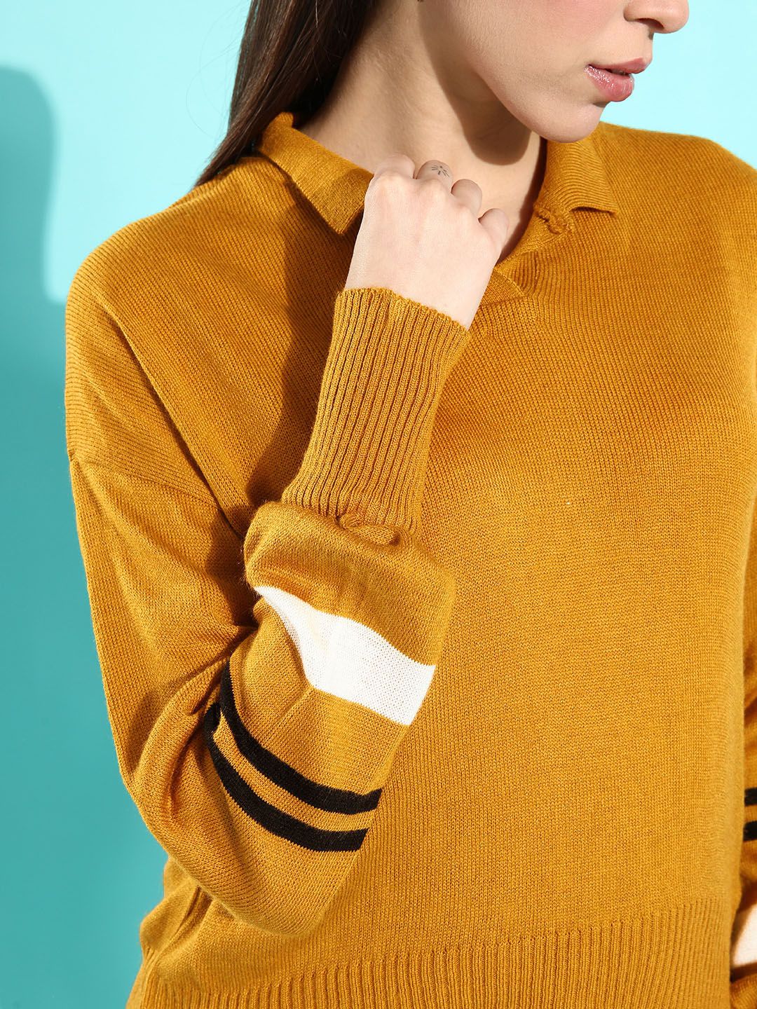 DressBerry Women Mustard Striped Whipped for Varsity Sweater