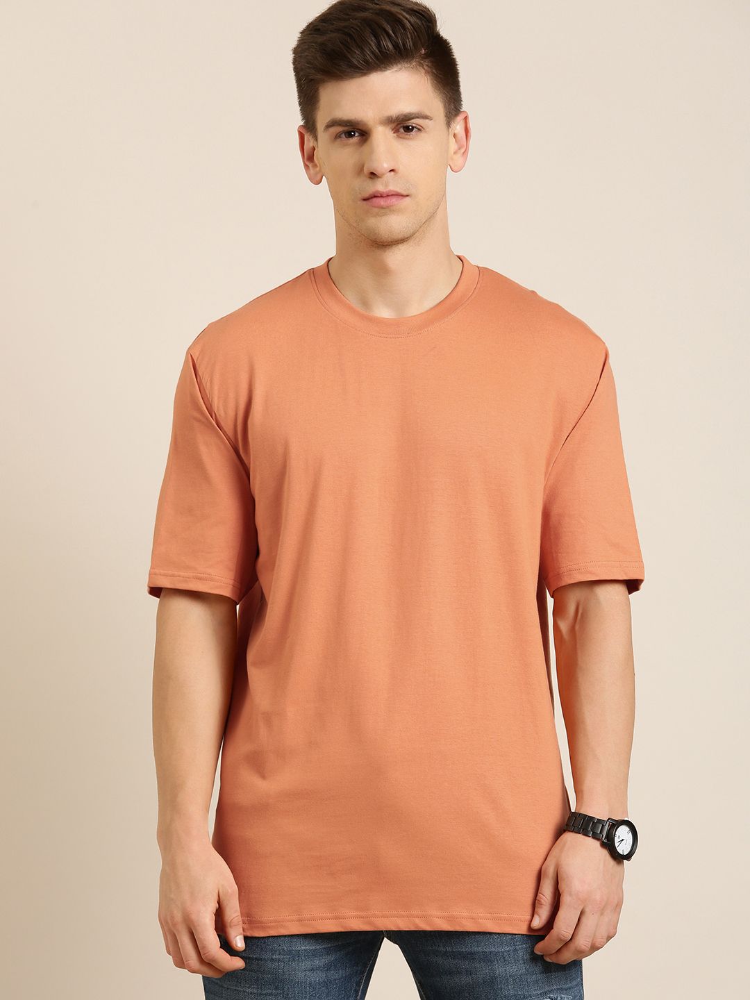 DILLINGER Men Orange Solid Pure Cotton Drop-Shoulder Sleeves Oversized Fit T-shirt