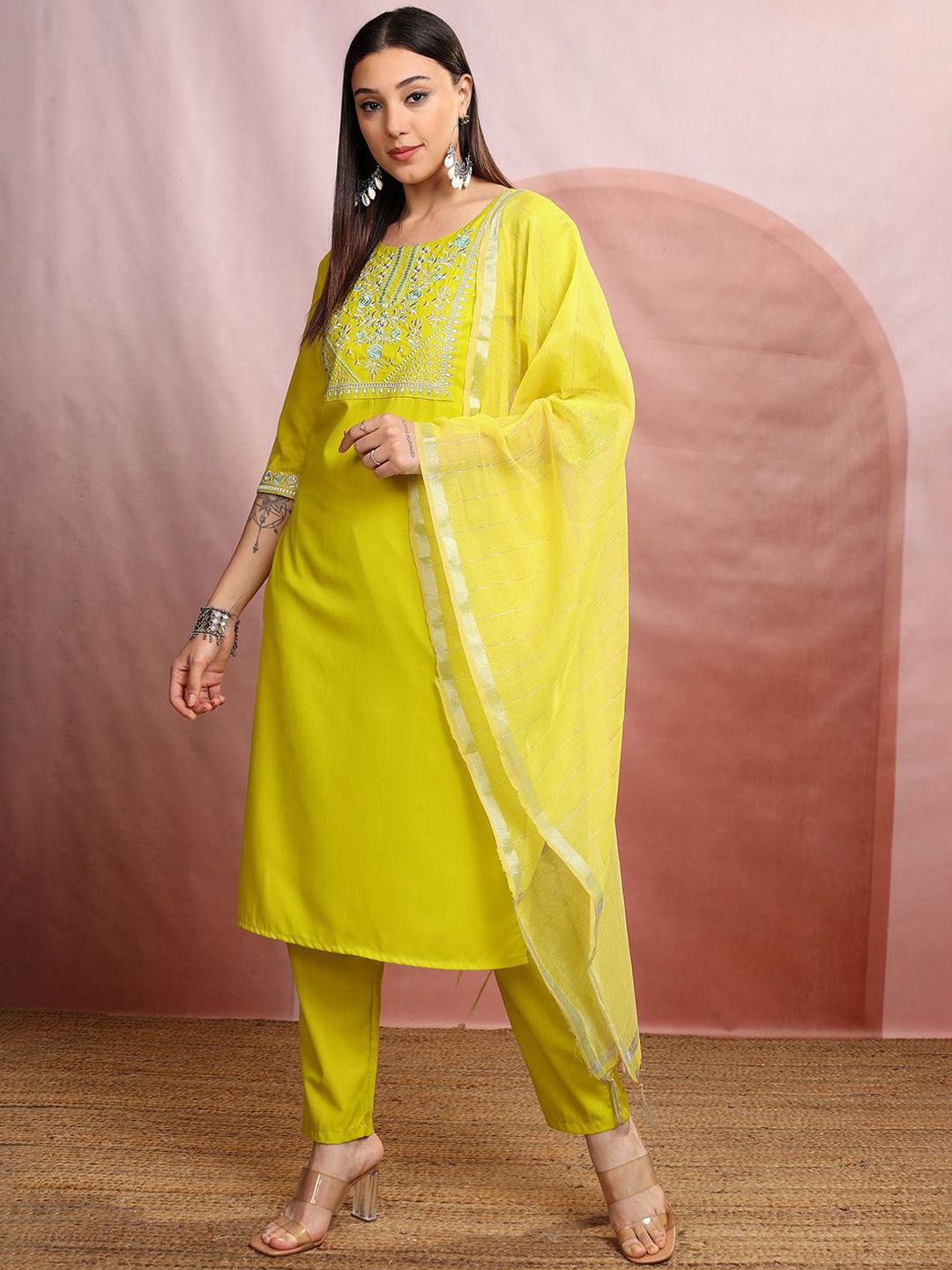 Vishudh Lime Green Floral Yoke Design Thread Work Straight Kurta With Trousers & Dupatta