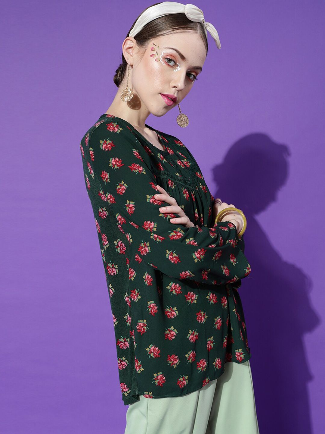 STREET 9 Women Green Floral Print Crepe Top