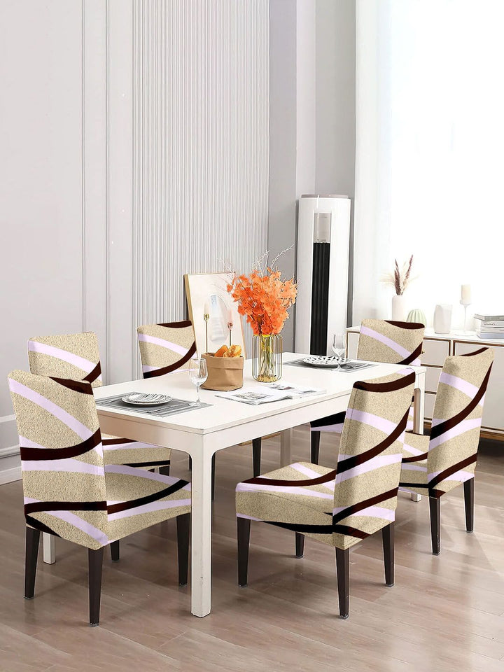 Cortina Beige & Brown 6-Pieces Abstract Printed Super Stretchy Dining Chair Covers