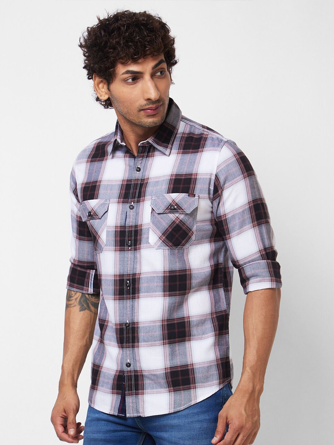 SPYKAR Spread Collar Long Sleeves Tartan Checks Cotton Casual Shirt