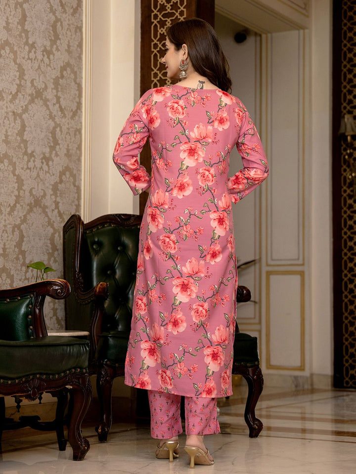 KALINI Floral Printed Mirror Work Straight Kurta With Trousers & Dupatta