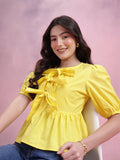 DressBerry Tie-Up Neck Puff Sleeve Pure Cotton A-Line Top