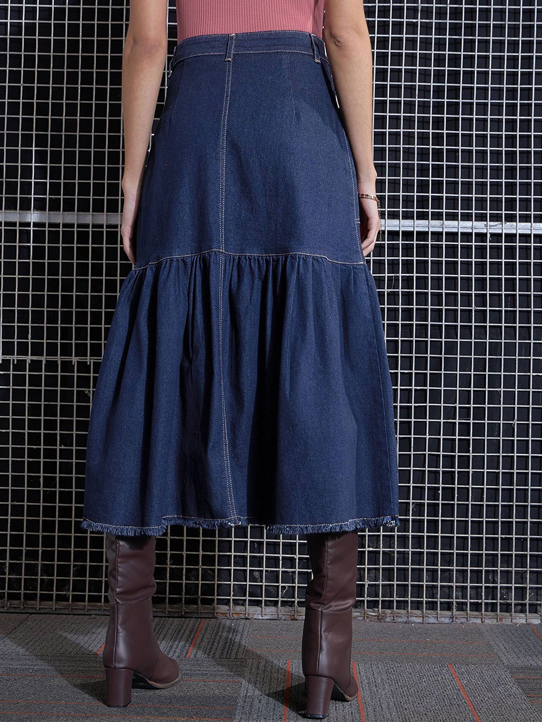 SASSAFRAS Denim Midi Flared Skirt