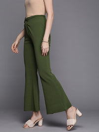 SASSAFRAS Women Olive Green Solid Slim Fit Shimmer Twisted Bootcut Trousers