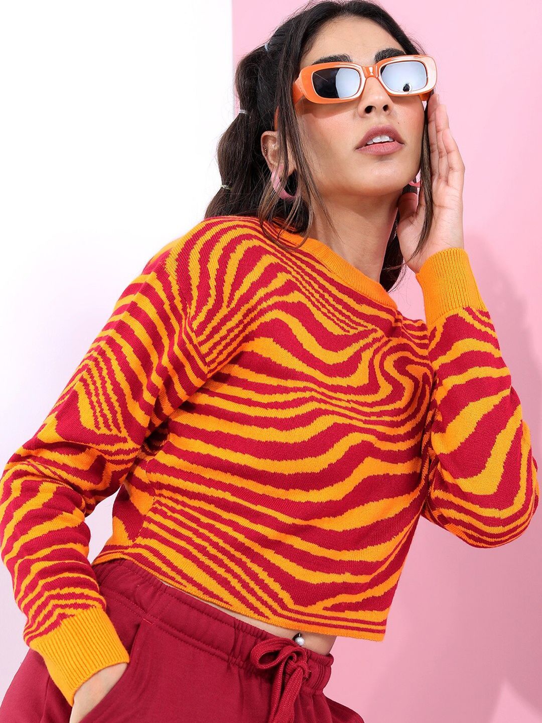 Tokyo Talkies Women Orange & Red Jacquard Pullover Sweater