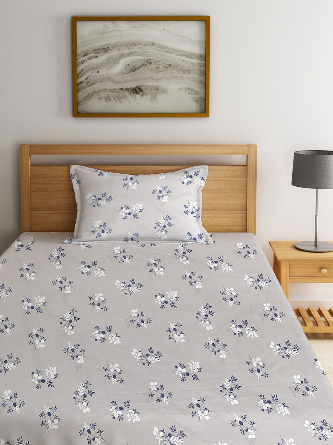 KLOTTHE Grey Floral Polycotton 300 TC Single Fine Bedsheet with a Pillow Cover-87 x 59 inches