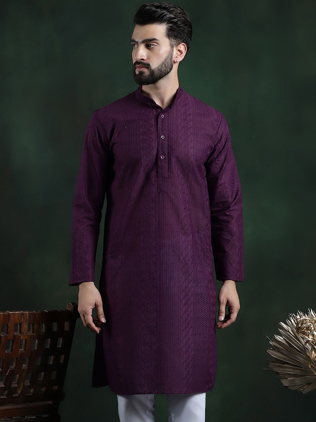 SOJANYA Ethnic Motifs Embroidered Mandarin Collar Thread Work Cotton Straight Kurta