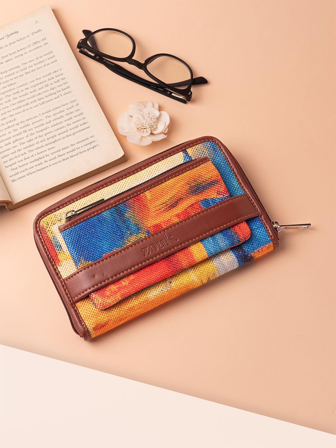 ZOUK Women Brown & Yellow Printed Zip Around Vegan Leather Wallet