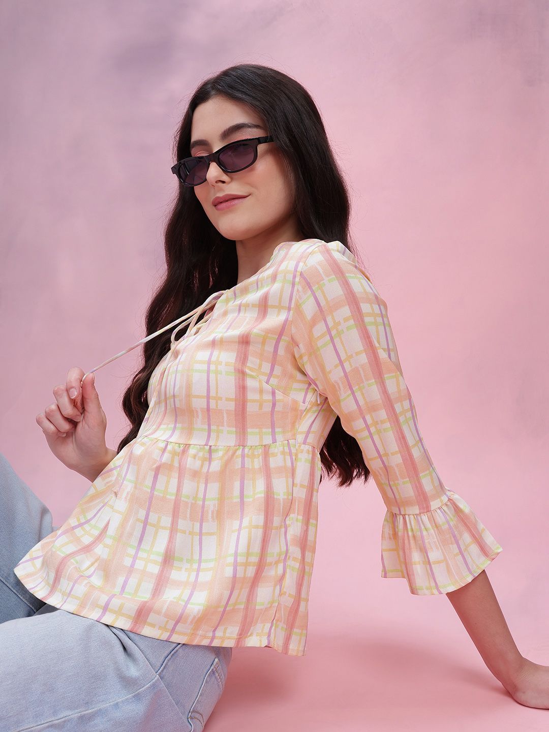 DressBerry Checked Tie-Up Neck Bell Sleeve Top