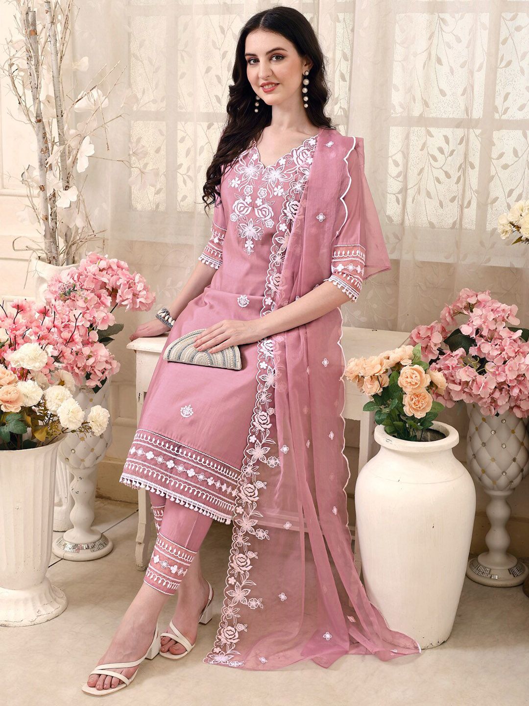 KALINI Floral Embroidered Thread Work Chanderi Cotton Kurta with Trousers & With Dupatta