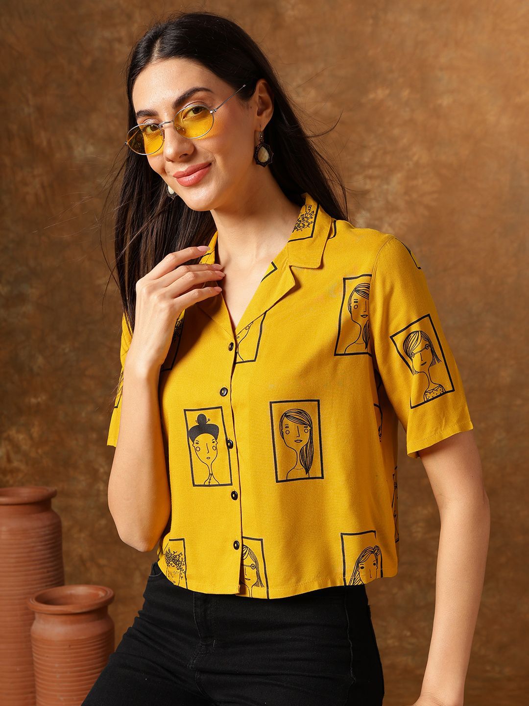 Anouk Women Solid Printed Shirt Collar Top