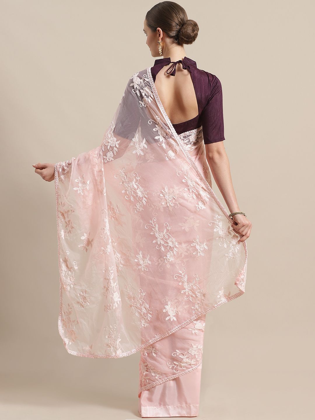 Saree mall Peach-Coloured Embroidered Detail Half & Half Saree