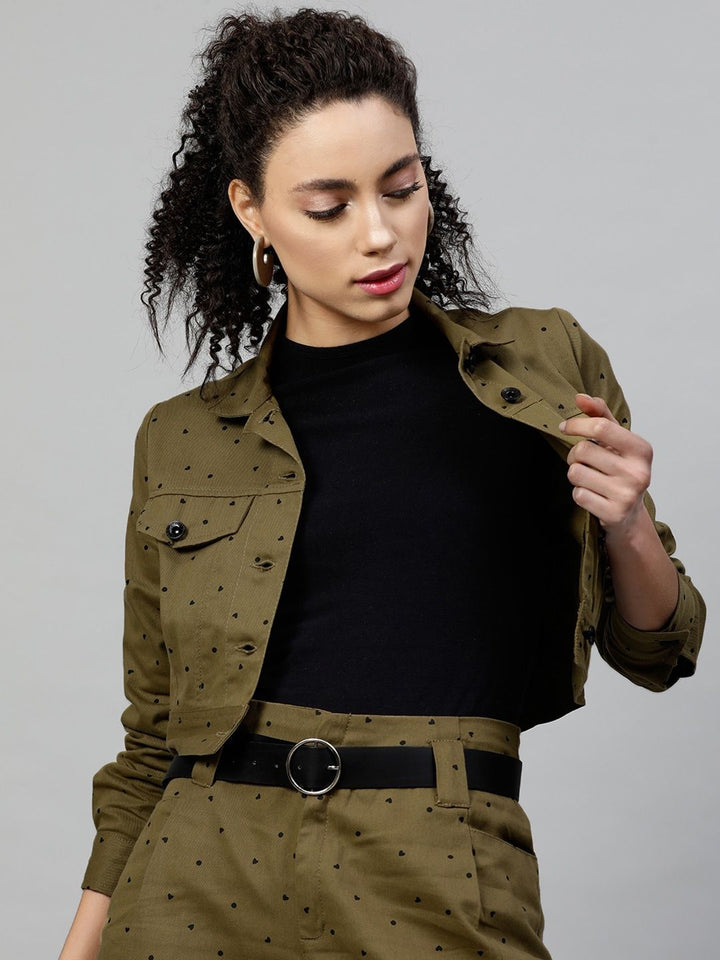 Street 9 Wanita Olive Hijau & Hitam Bercetak Jaket Denim Tanaman Cotton Lightweight