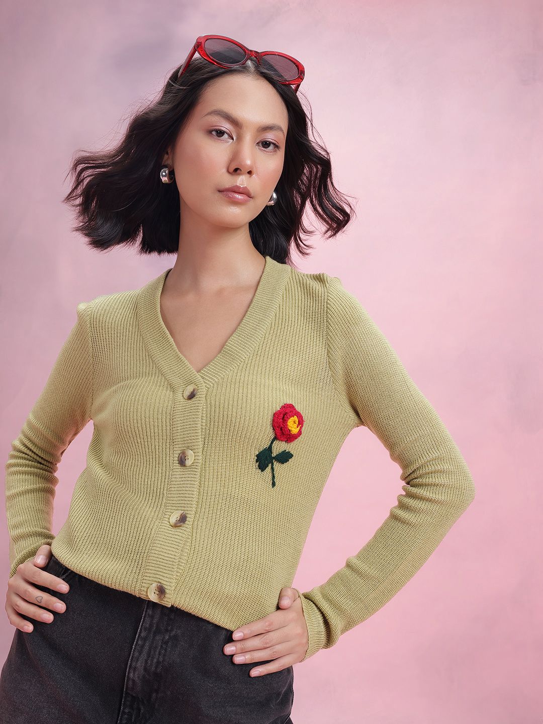 DressBerry Floral Embroidered Ribbed Acrylic Cardigan