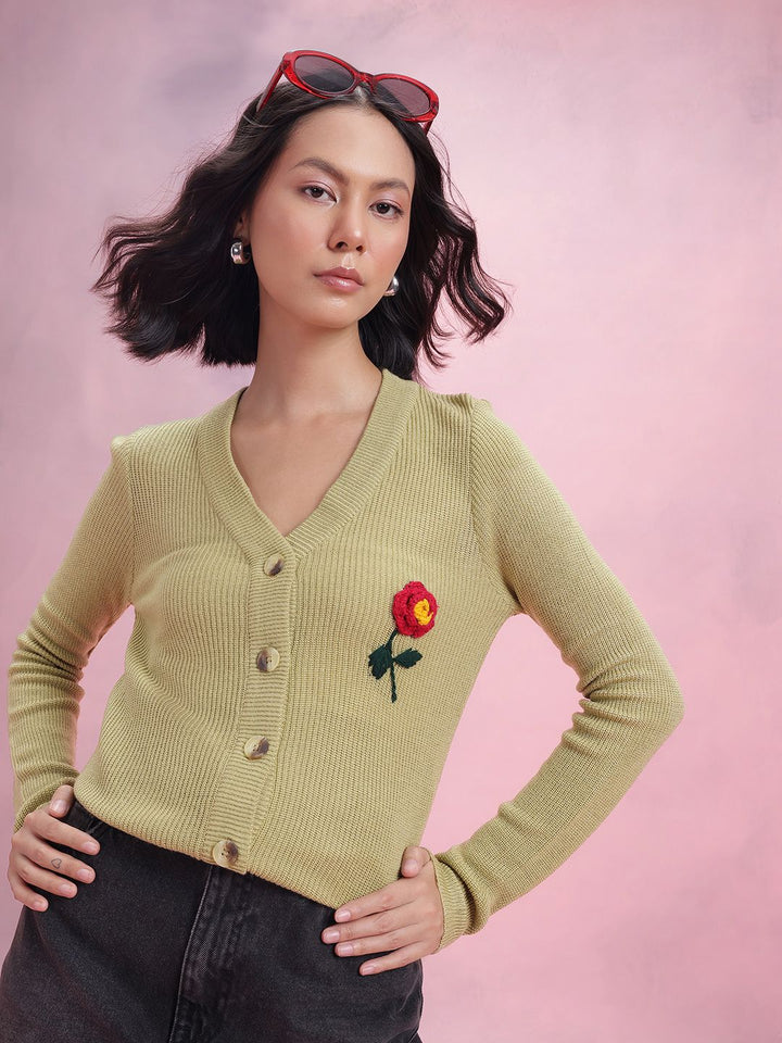 DressBerry Floral Embroidered Ribbed Acrylic Cardigan