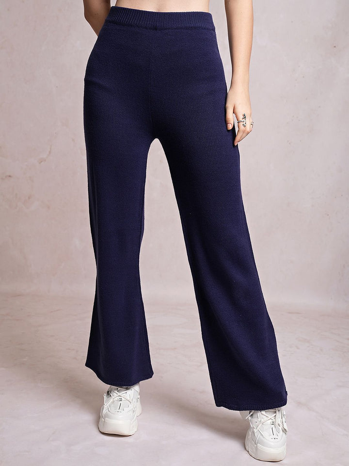 Tokyo Talkies Navy Blue High Neck Sweater With Flared Trouser Co-Ords