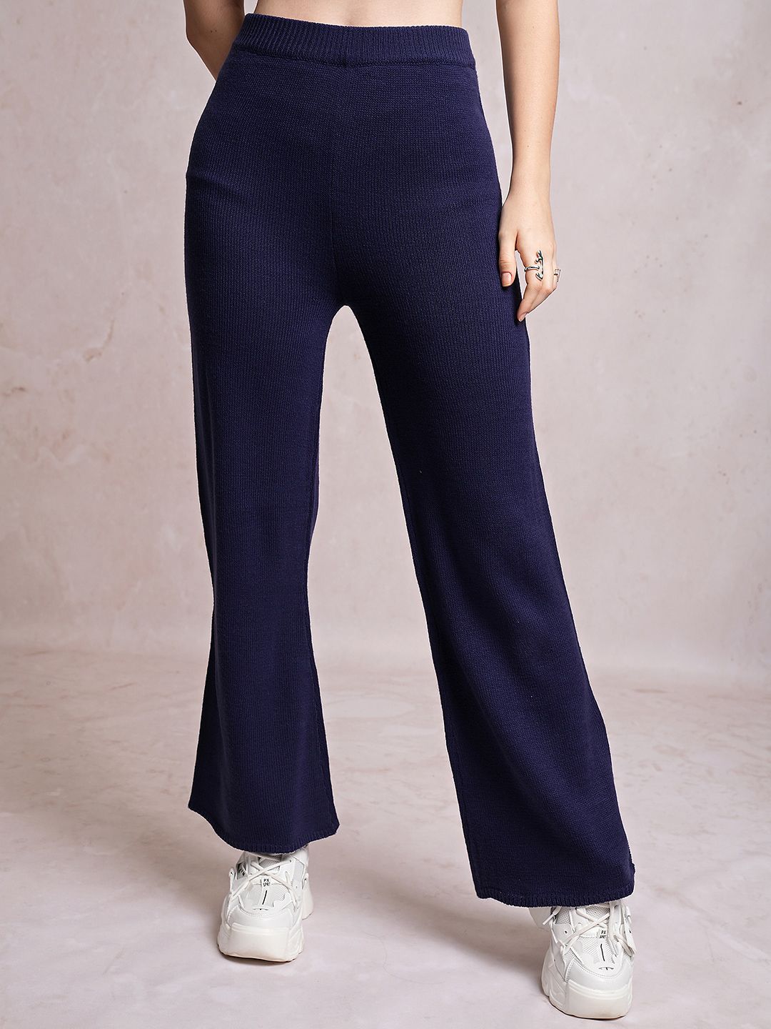 Tokyo Talkies Navy Blue High Neck Sweater With Flared Trouser Co-Ords