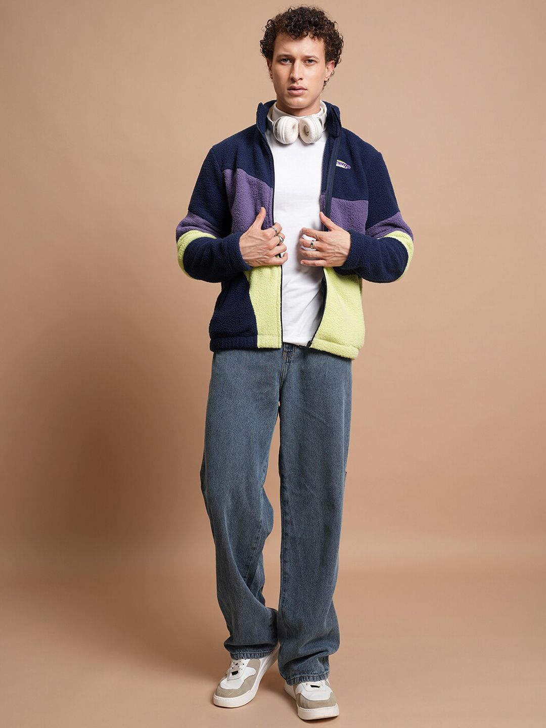 HIGHLANDER Colourblocked Mock Collar Open Front Jacket