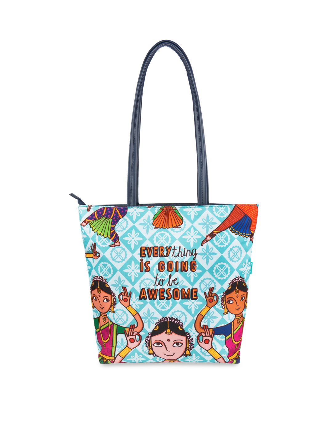 TEAL BY CHUMBAK Turquoise Blue Printed Tote Bag