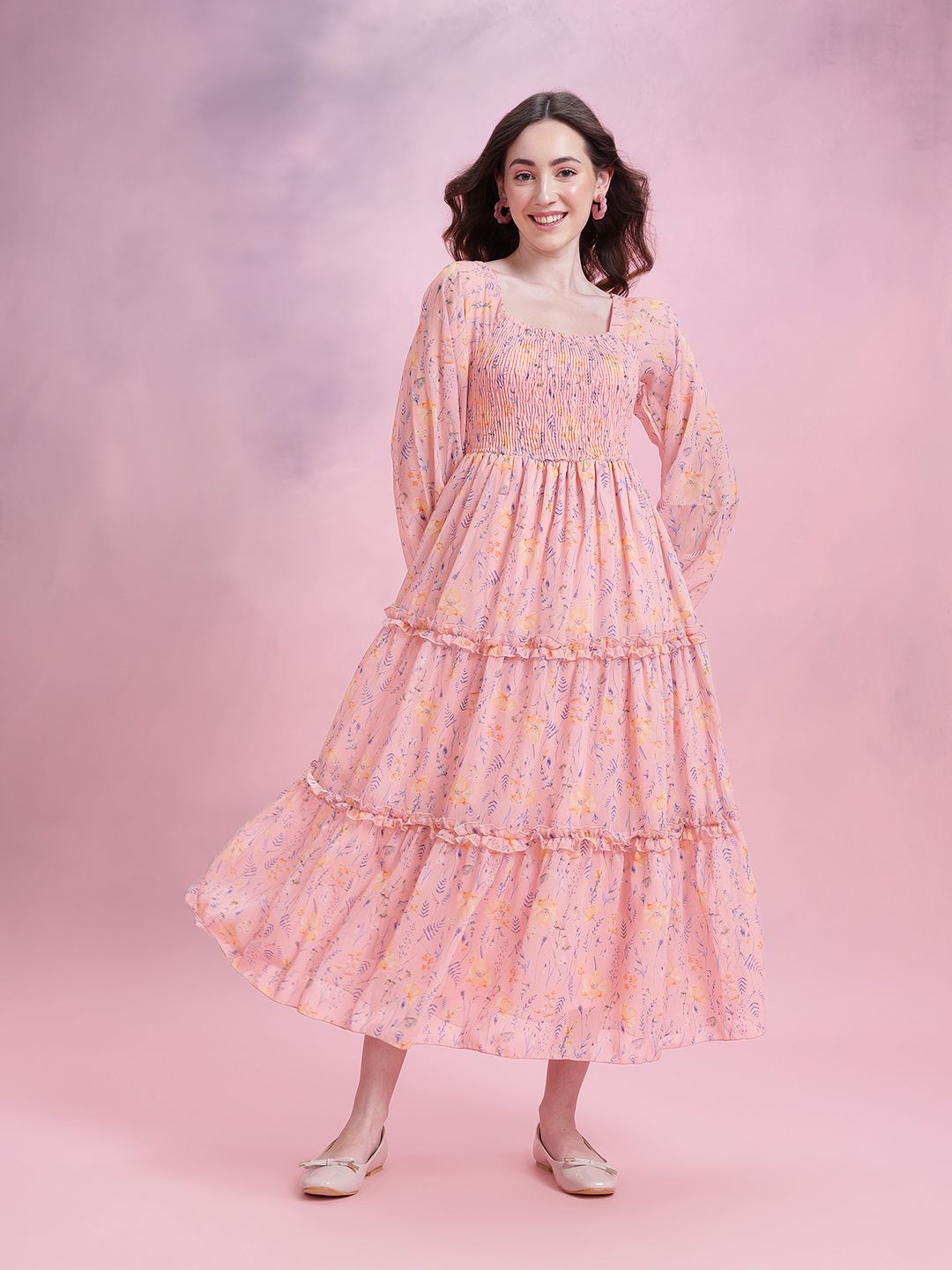 DressBerry Floral Print Tiered A-Line Midi Dress