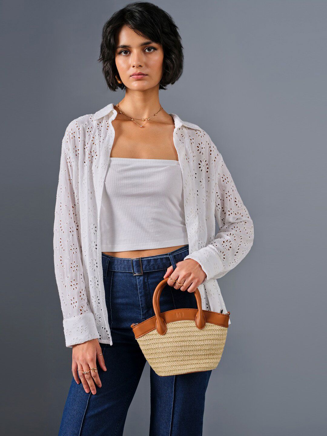 AND Shirt Collar Long Cuffed Sleeves Self design Longline Top