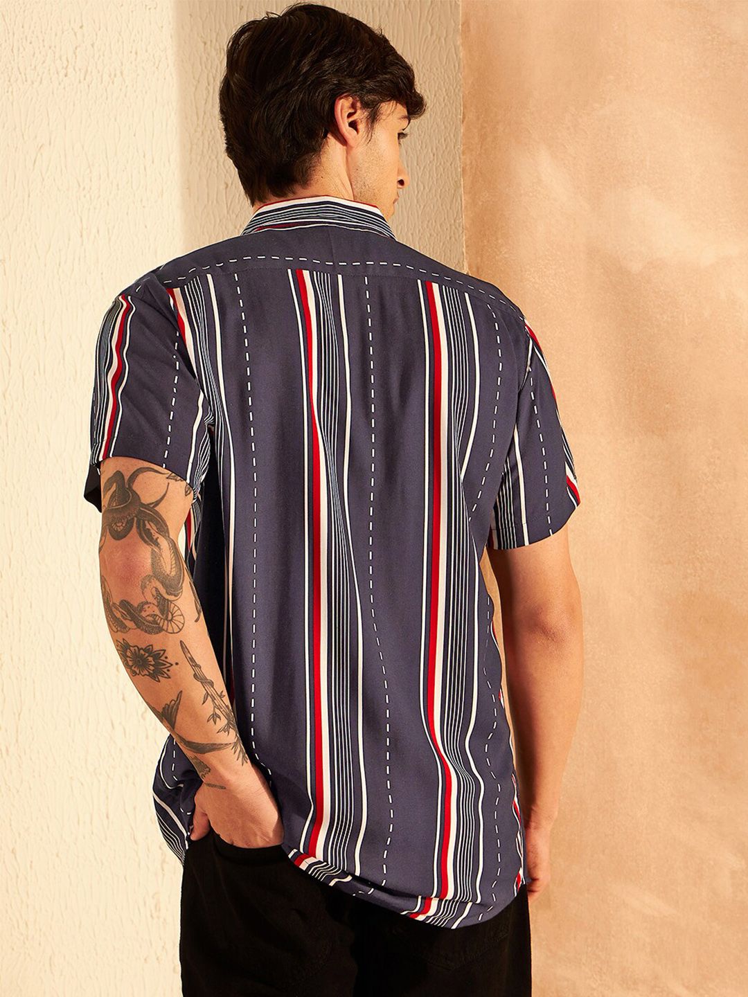 DENNISON Smart Vertical Stripeed Cuban Collar Oversized Casual Shirt