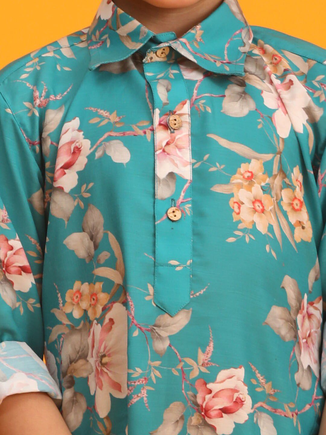 VASTRAMAY Boys Floral Printed Shirt Collar Kurta with Dhoti Pants