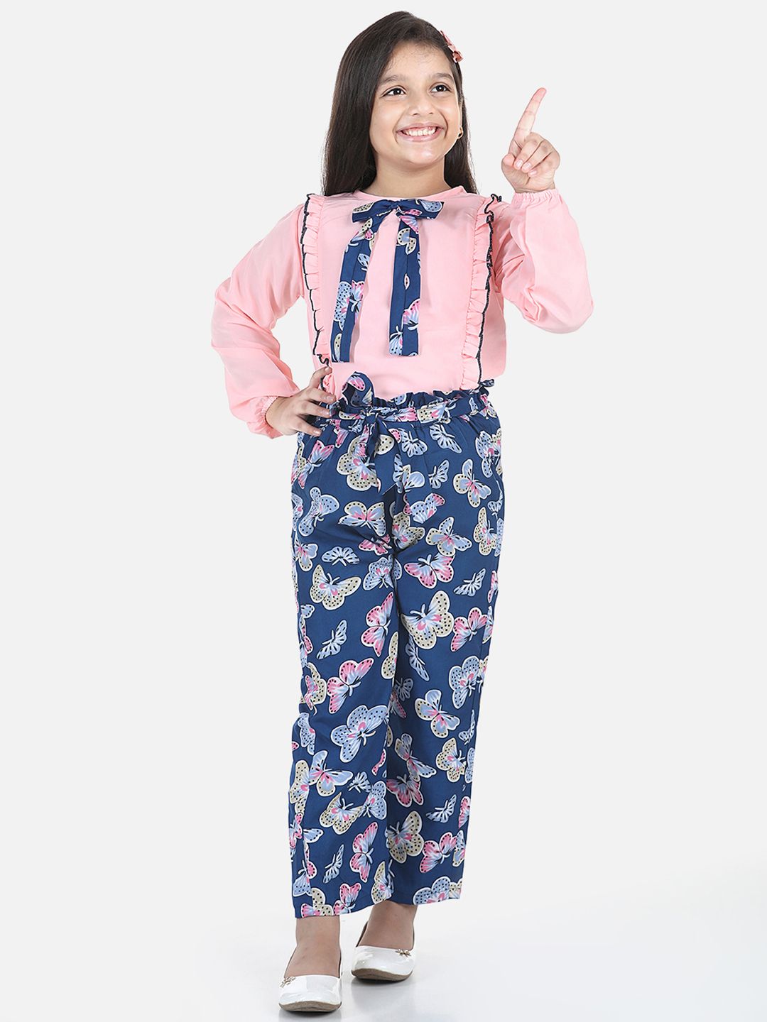 Cutiekins Girls Peach-Coloured & Blue Printed Top with Palazzos