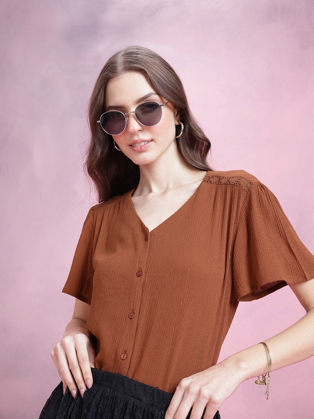 DressBerry Flutter Sleeve Crinkle Effect Shirt Style Top