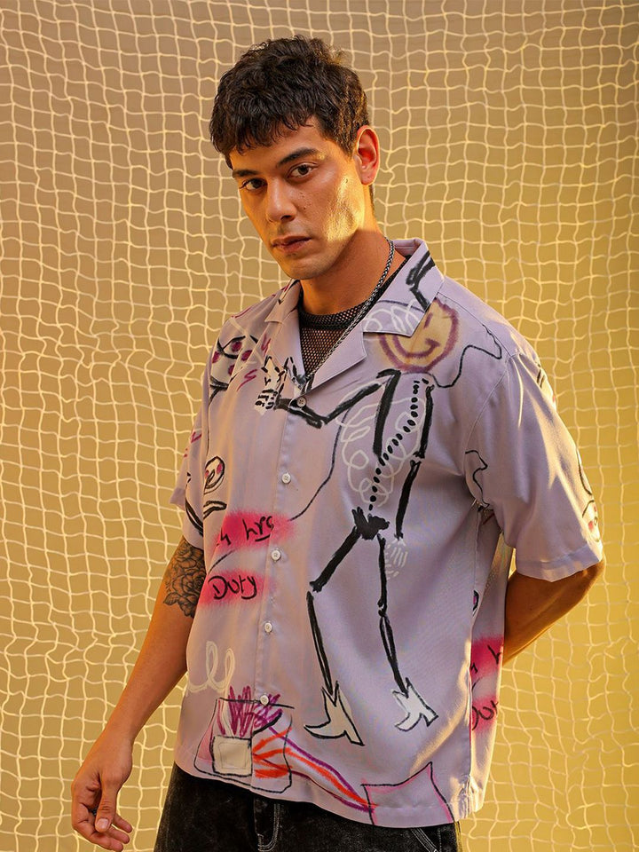 The Indian Garage Co Men Cuban Collar Graphic Printed Oversized Casual Shirt