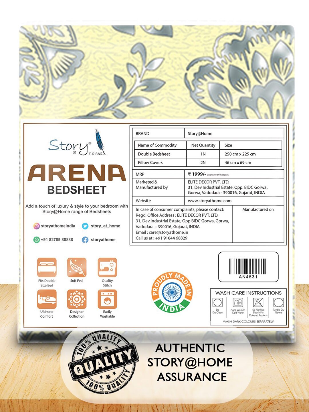 Story@home Cream & Grey Floral 180 TC Queen Bedsheet with 2 Pillow Covers