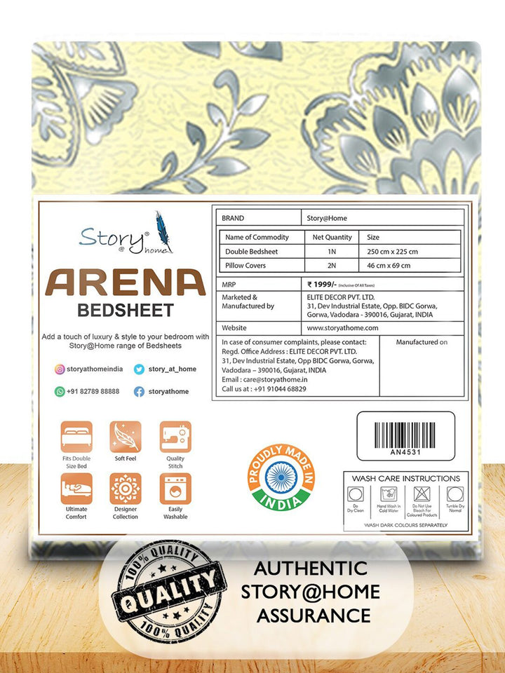 Story@home Cream & Grey Floral 180 TC Queen Bedsheet with 2 Pillow Covers