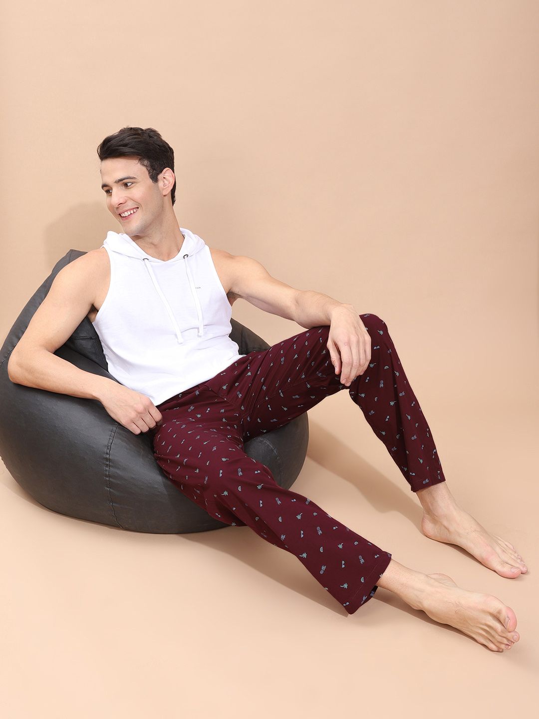 The Indian Garage Co Men's Burgundy and Blue Printed Pure Cotton Lounge Pants