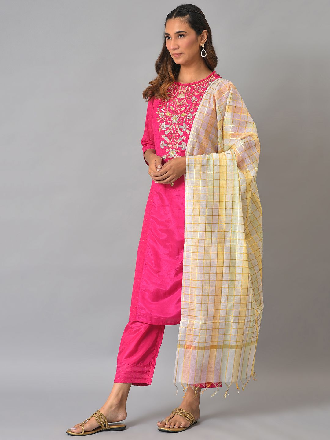 AURELIA Floral Embroidered Zari Kurta with Trousers & Dupatta
