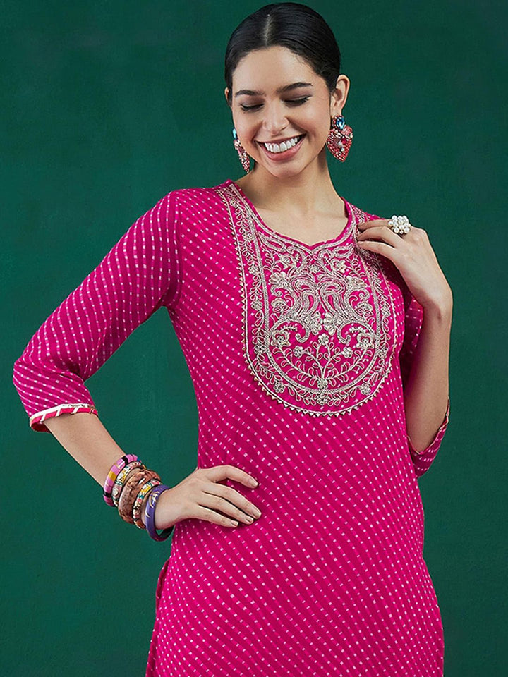 Indo Era Leheriya Printed Thread Work Straight Kurta