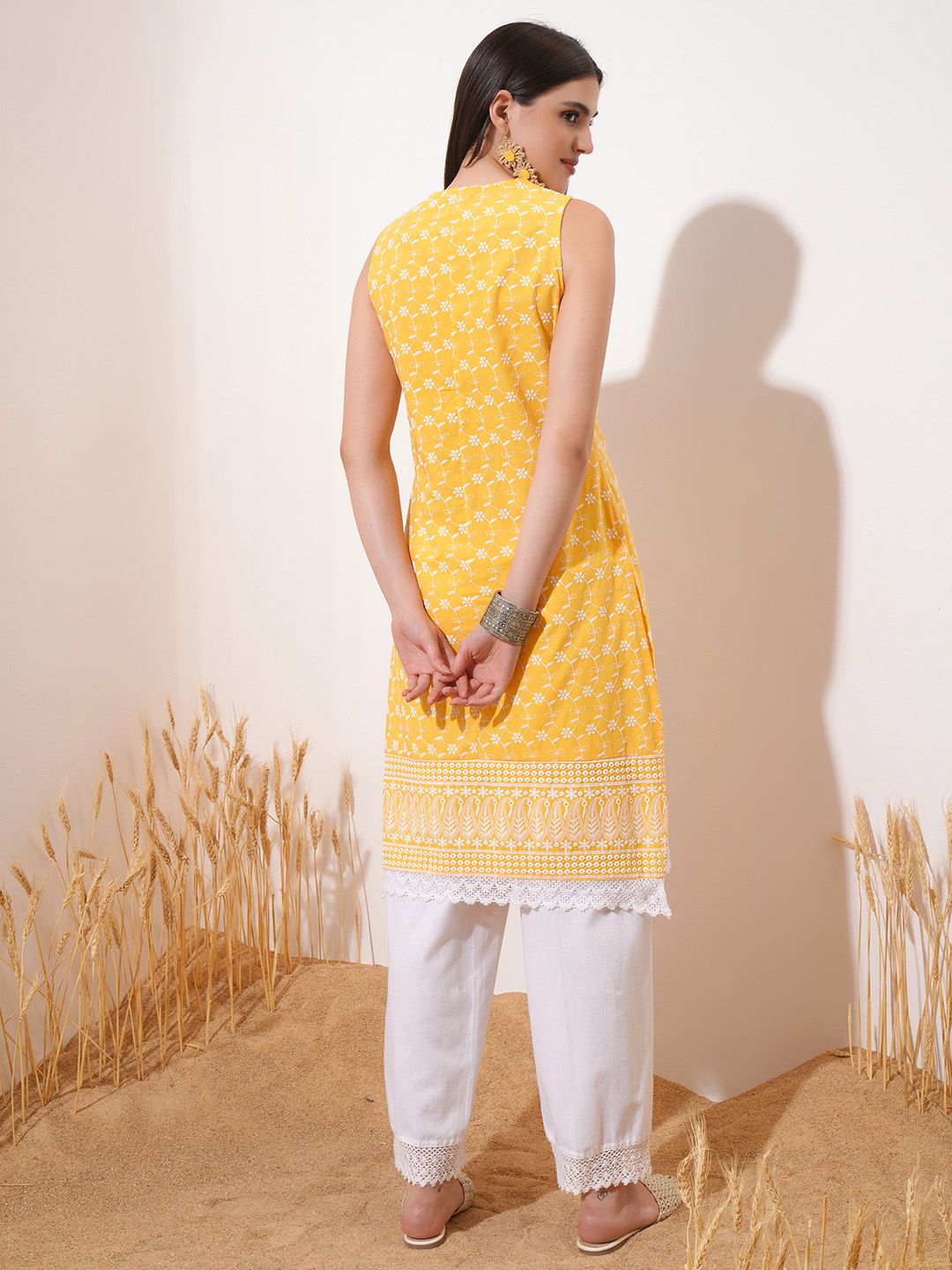 Vishudh Yellow Ethnic Motifs Embroidered Thread Work Straight Kurta