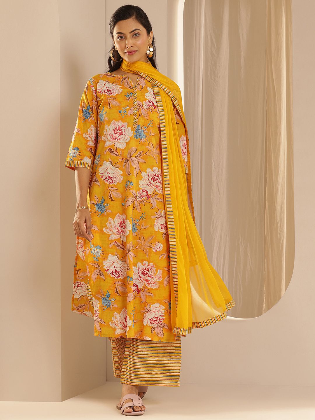 Libas Floral Printed Pure Cotton Straight Kurta With Palazzos & Dupatta