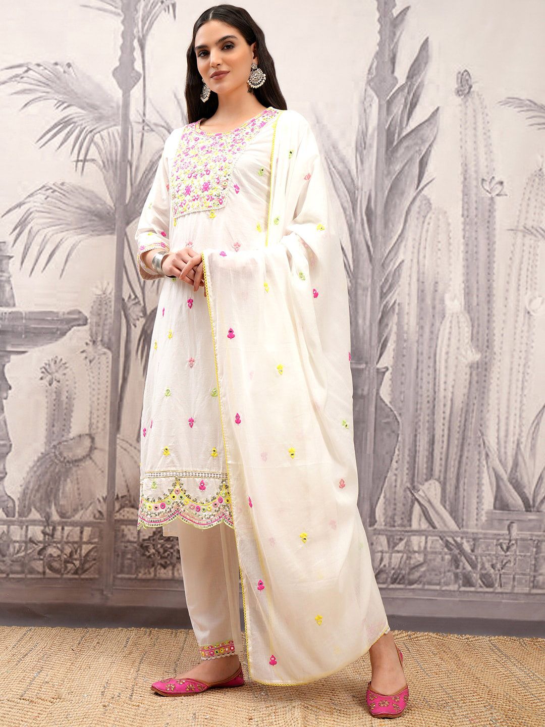 Vishudh Floral Printed Thread Work Pure Cotton Straight Kurta & Trousers With Dupatta