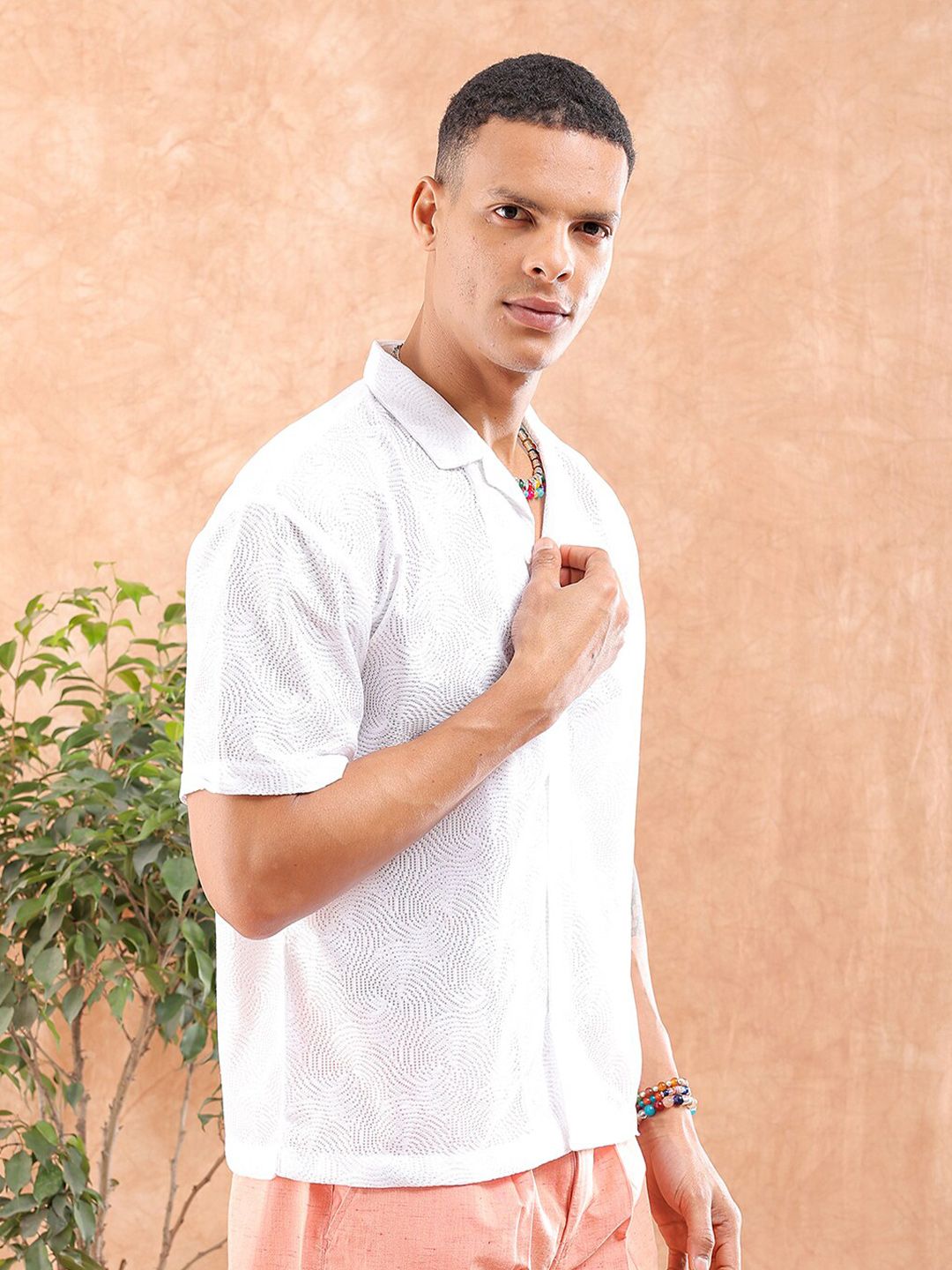 The Indian Garage Co Men Relaxed Fit Solid Warp Knit Lace Resortwear Shirt