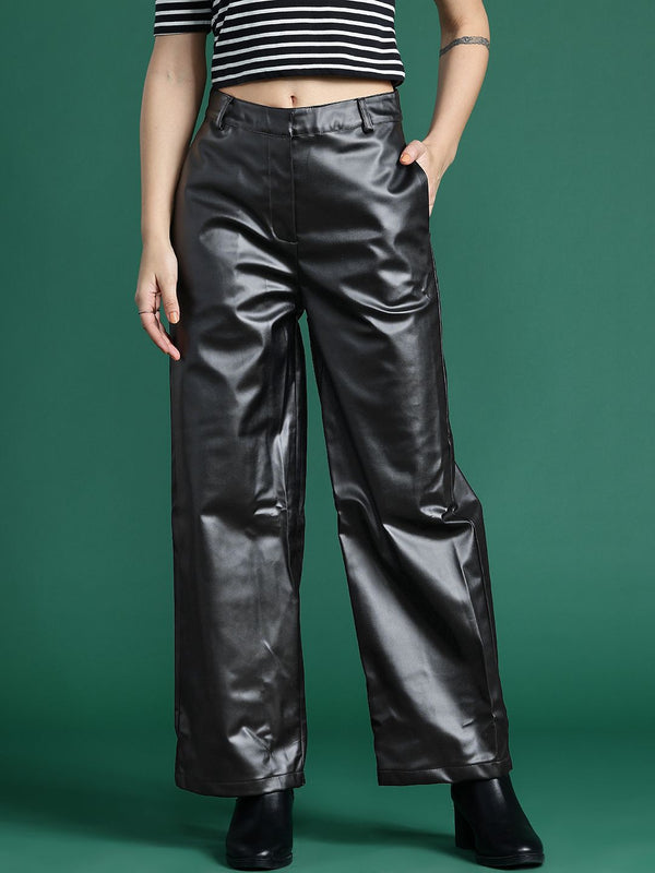 DressBerry Women  Regular-Fit Faux Leather Wide Leg Trousers