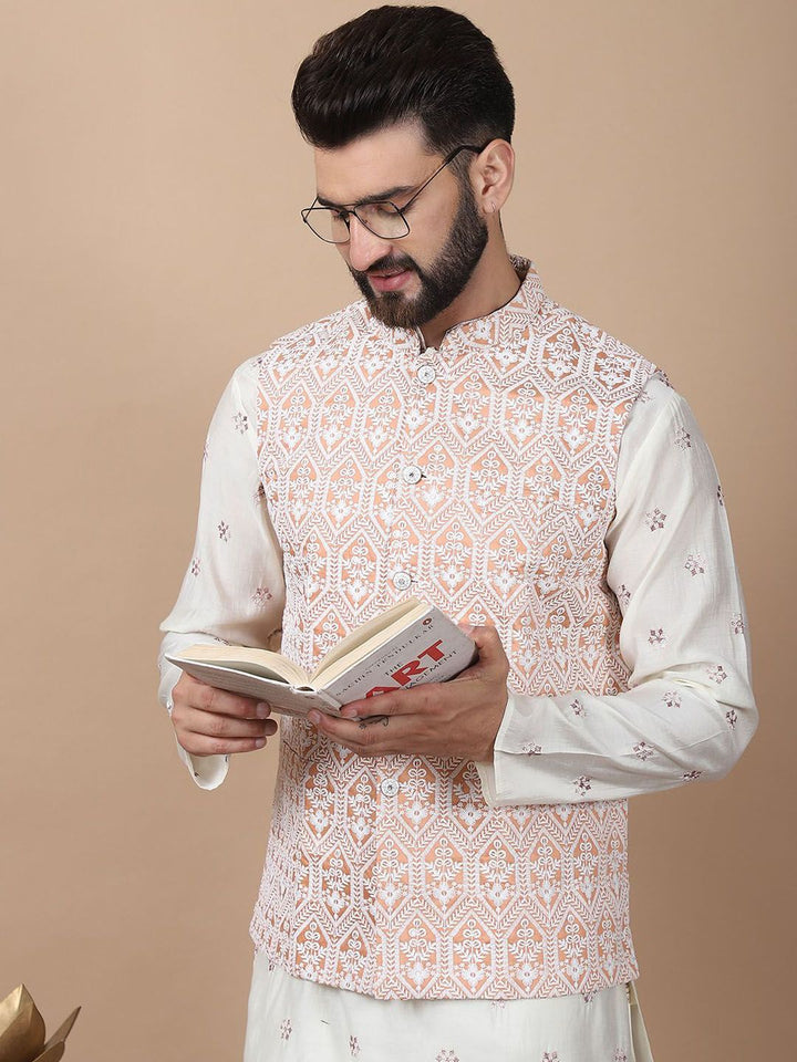 Anouk Cream-Coloured Floral Embroidered Cotton Silk Kurta with Churidar & Nehru Jacket