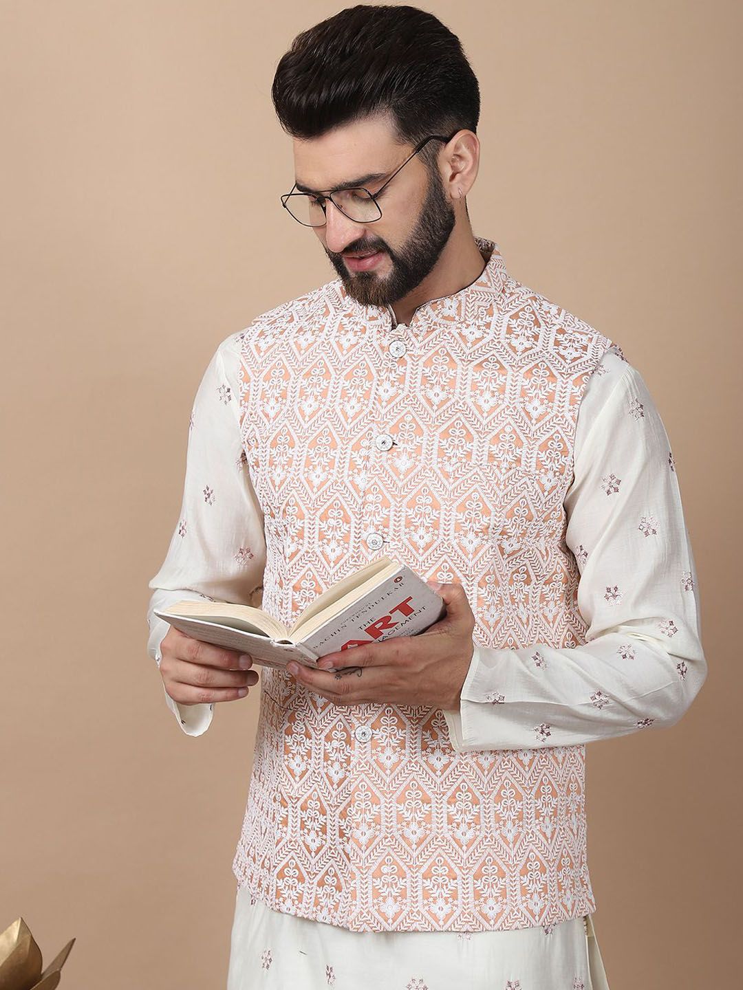 Anouk Cream-Coloured Floral Embroidered Cotton Silk Kurta with Churidar & Nehru Jacket