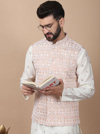 Anouk Cream-Coloured Floral Embroidered Cotton Silk Kurta with Churidar & Nehru Jacket