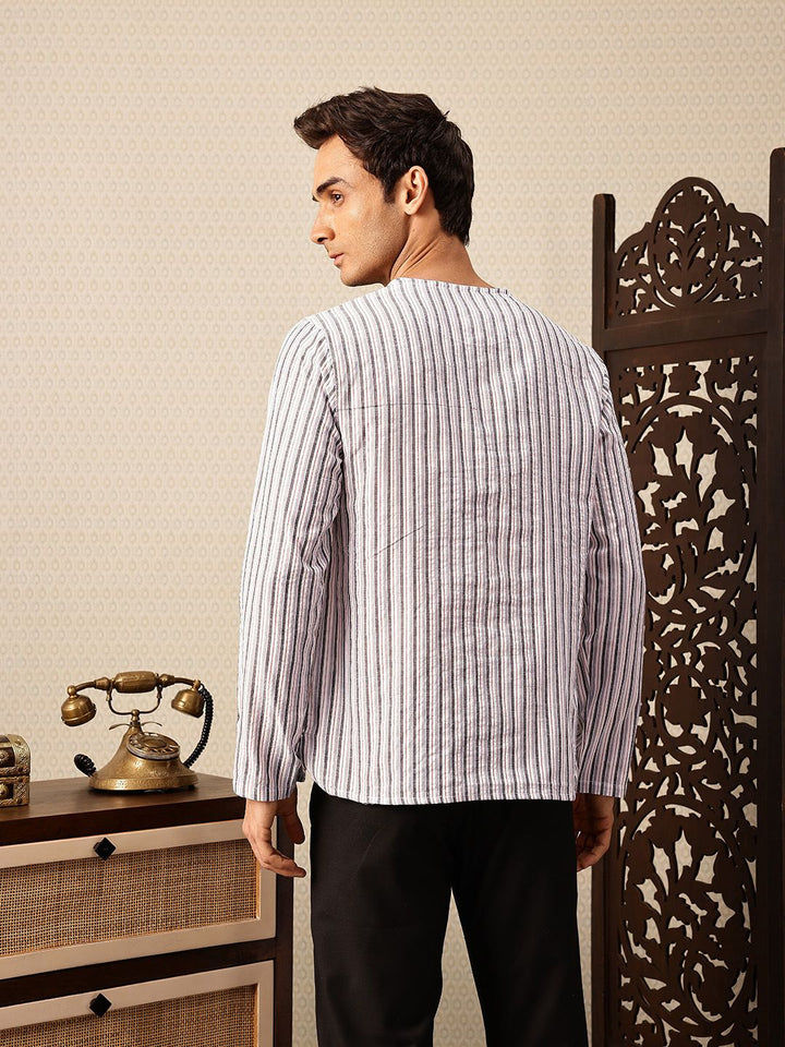 House of Pataudi Striped Thread Work Detail Rozana Kurta