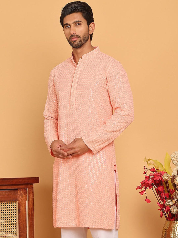 Jompers Geometric Embroidered Mandarin Collar Sequinned Straight Kurta
