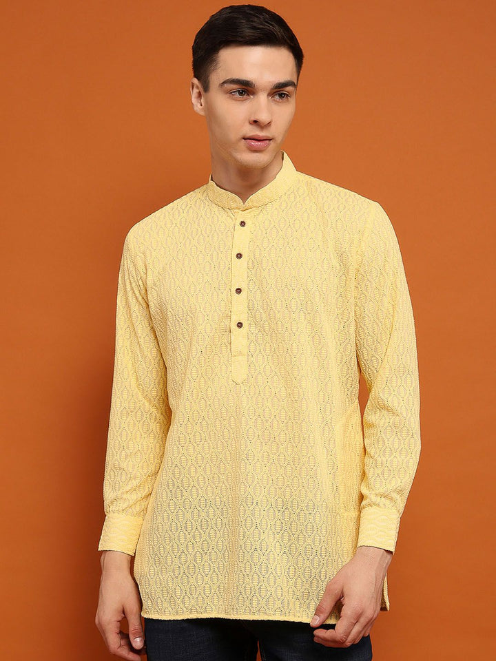 House of Chikankari Men Yellow Cotton Chikankari Embroidered Kurta